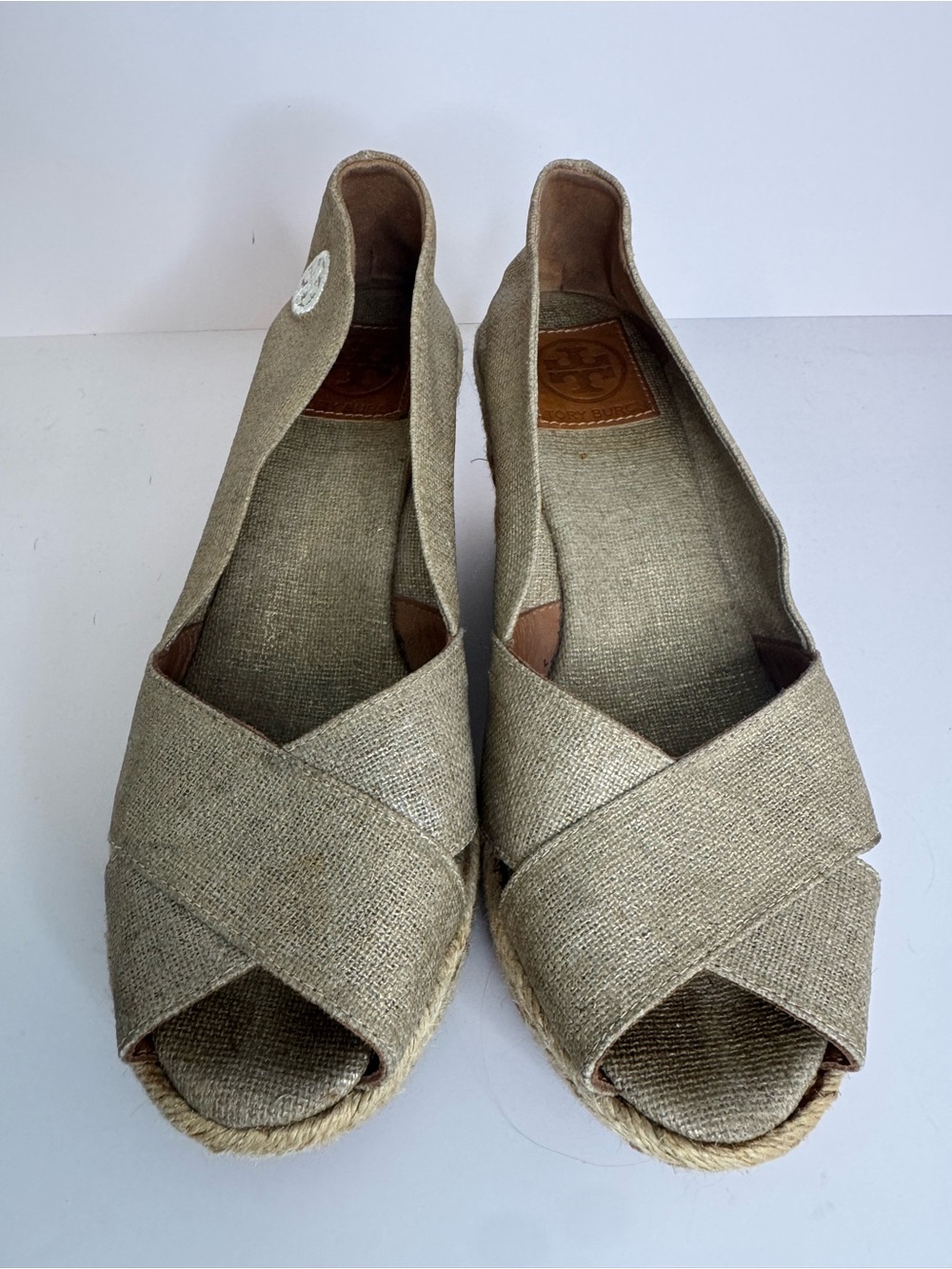 Tory Burch Filipa Logo Canvas Peep Toe Wedge Espadrilles Size 8B - Picture 5 of 14